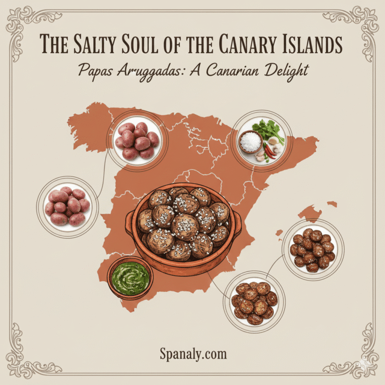 Promotional graphic for the "Papas Arrugadas – The Salty Soul of the Canary Islands" recipe guide by Spanaly.com. The design features an attractive illustration of the small, salt-crusted wrinkled potatoes served with a side of red Mojo sauce, set over a map of Spain. The graphic is optimized to highlight this famous, unique dish from the Canary Islands.