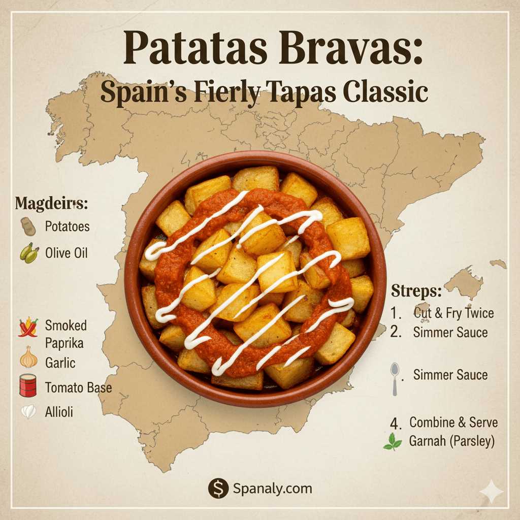 Authentic Patatas Bravas recipe infographic with ingredients and double-frying steps, featuring a Spanish map background and spicy tomato sauce for Spanaly.