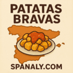 Illustrated plate of Patatas Bravas with spicy sauce and the map of Spain in the background