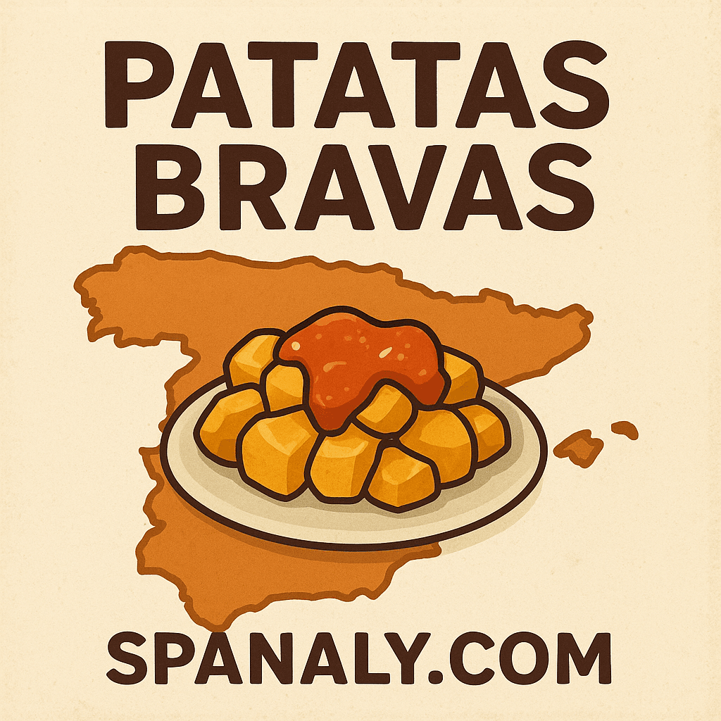 Illustrated plate of Patatas Bravas with spicy sauce and the map of Spain in the background