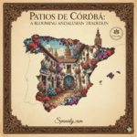 Artistic map of Spain highlighting Córdoba, featuring vibrant blooming blue flower pots on whitewashed walls and the Mezquita-Catedral in the background, representing the Patios de Córdoba festival. Traditional Andalusian heritage illustration by Spanaly.com.