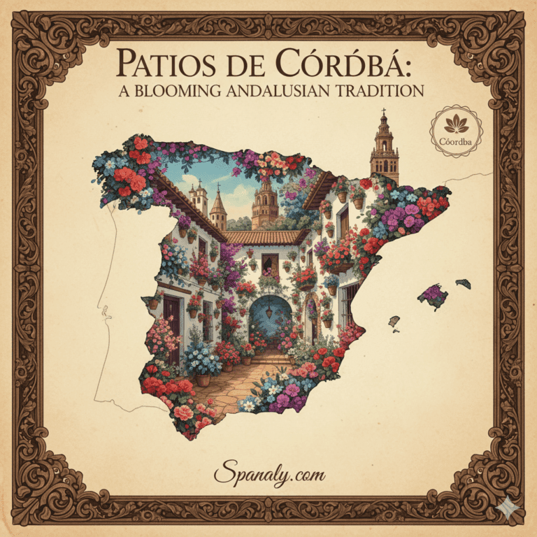 Artistic map of Spain highlighting Córdoba, featuring vibrant blooming blue flower pots on whitewashed walls and the Mezquita-Catedral in the background, representing the Patios de Córdoba festival. Traditional Andalusian heritage illustration by Spanaly.com.
