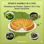 Promotional graphic for the "Pimientos de Padrón: Spain’s Tiny Green Surprises" recipe guide by Spanaly.com. The design features a colorful illustration of the iconic fried Padrón peppers over a map of Spain, using a unique, appetizing color palette (e.g., vibrant green/purple). Four real, circular inset photos highlight the elements: the raw peppers, the cooking process, coarse sea salt, and the final popular Spanish tapa presentation.
