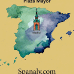 Illustrated view of Plaza Mayor in Madrid, Spain, showing its historic square, colorful buildings, and lively atmosphere, with a small map of Spain highlighting Madrid, representing the city’s cultural heart.