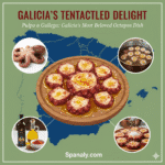 Promotional graphic for the "Pulpo a la Gallega" recipe guide by Spanaly.com. The design features an inviting illustration of the Galician octopus dish (polbo á feira) served on a wooden plate, set over a map of Spain in a seafood-themed color palette. Four real, circular inset photos highlight the cooked octopus, potatoes, paprika seasoning, and the authentic regional presentation.