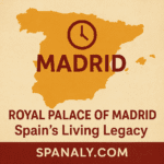 Illustrated view of the Royal Palace of Madrid, Spain, highlighting its historic architecture and cultural significance, with a map of Spain and a clock symbol.