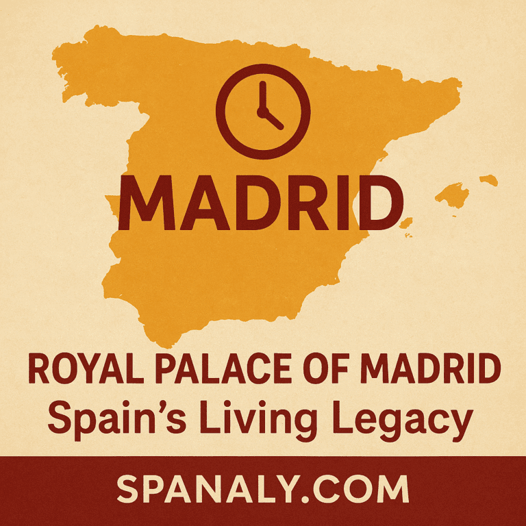 Illustrated view of the Royal Palace of Madrid, Spain, highlighting its historic architecture and cultural significance, with a map of Spain and a clock symbol.