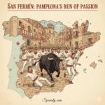 Action-packed illustration of the San Fermín Festival in Pamplona, Spain, featuring participants in traditional white outfits with red scarves running alongside powerful bulls (The Running of the Bulls), with historical architecture and the Spanish flag in the background. Image by Spanaly.com.