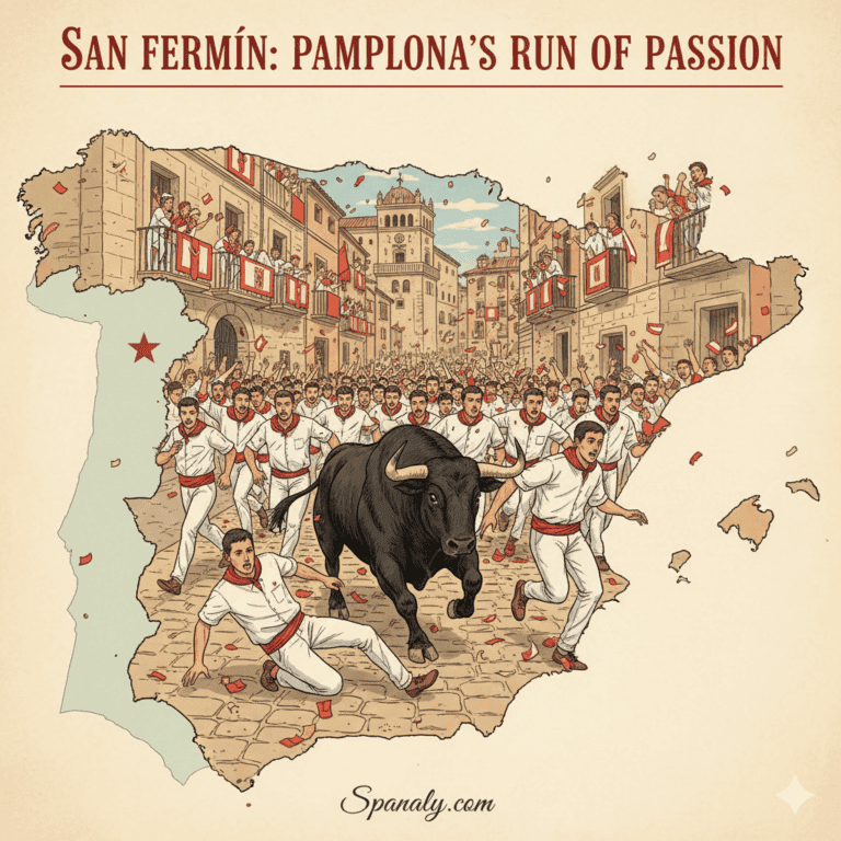 Action-packed illustration of the San Fermín Festival in Pamplona, Spain, featuring participants in traditional white outfits with red scarves running alongside powerful bulls (The Running of the Bulls), with historical architecture and the Spanish flag in the background. Image by Spanaly.com.