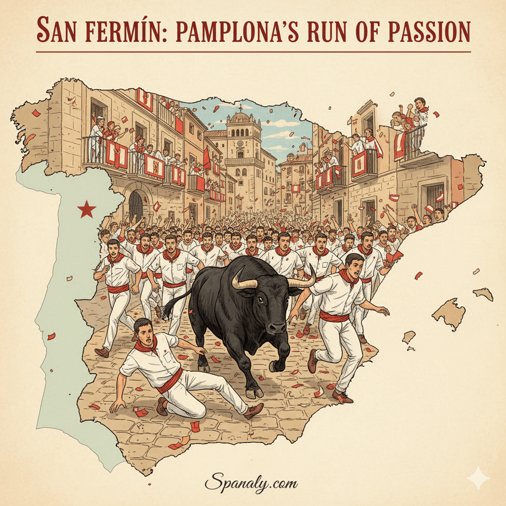 Running of the Bulls during the San Fermín festival in Pamplona - Historic Spanish tradition