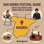 Illustrated map of Spain highlighting Madrid, featuring symbols of San Isidro Festival — traditional Madrid icons like horses, dancers, music notes, and colorful festive decorations, capturing the lively and cultural atmosphere of the festival.