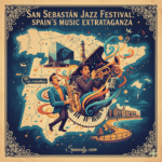 Creative map of Spain highlighting San Sebastián, featuring large jazz music symbols like saxophones and musical notes, with the Kursaal building and La Concha beach in the background. Artistic travel graphic for the San Sebastián Jazz Festival by Spanaly.com.