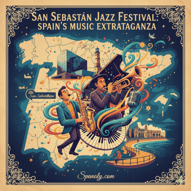 Creative map of Spain highlighting San Sebastián, featuring large jazz music symbols like saxophones and musical notes, with the Kursaal building and La Concha beach in the background. Artistic travel graphic for the San Sebastián Jazz Festival by Spanaly.com.