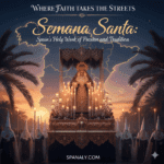 Dramatic Semana Santa procession in Spain featuring a golden religious throne with the Virgin Mary, candlelit white-robed penitents, and a glowing map of Spain in the background, titled Where Faith Takes the Streets for Spanaly.com