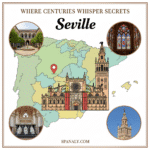 Promotional graphic for the "Seville Cathedral & La Giralda Guide" by Spanaly.com. The design features a colorful, illustrated view of the Seville landmark overlaid on a map of Spain. Four real, circular inset photos highlight key features: the stained glass, the Patio de los Naranjos (Courtyard of Orange Trees), the tomb of Christopher Columbus, and the statue atop the Giralda.