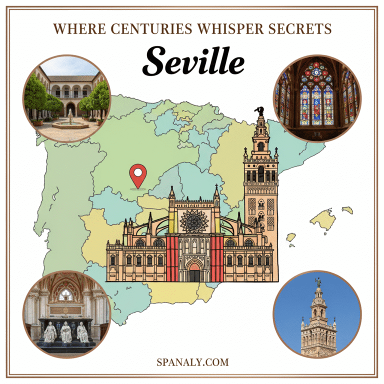 Promotional graphic for the "Seville Cathedral & La Giralda Guide" by Spanaly.com. The design features a colorful, illustrated view of the Seville landmark overlaid on a map of Spain. Four real, circular inset photos highlight key features: the stained glass, the Patio de los Naranjos (Courtyard of Orange Trees), the tomb of Christopher Columbus, and the statue atop the Giralda.