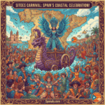 Vibrant coastal celebration of the Sitges Carnival in Spain, featuring flamboyant costumes, creative parade floats along the Mediterranean palm-lined promenade, and iconic local landmarks under a colorful festive sky. Cultural travel graphic by Spanaly.com.
