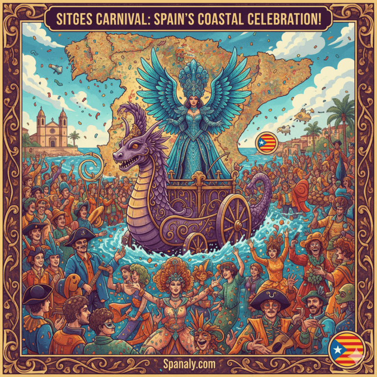 Vibrant coastal celebration of the Sitges Carnival in Spain, featuring flamboyant costumes, creative parade floats along the Mediterranean palm-lined promenade, and iconic local landmarks under a colorful festive sky. Cultural travel graphic by Spanaly.com.