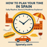 Illustrated clock with Spanish landmarks showing Spain’s daily schedule, mealtimes, and siesta culture