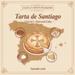 Promotional graphic for the "Tarta de Santiago – Galicia’s Almond Cake" guide by Spanaly.com. The design features an attractive illustration of the iconic Galician almond cake, clearly showing the powdered sugar silhouette of the Cross of Santiago and its rich, golden texture, set over a map of Spain. The graphic is optimized to highlight this traditional Spanish dessert.