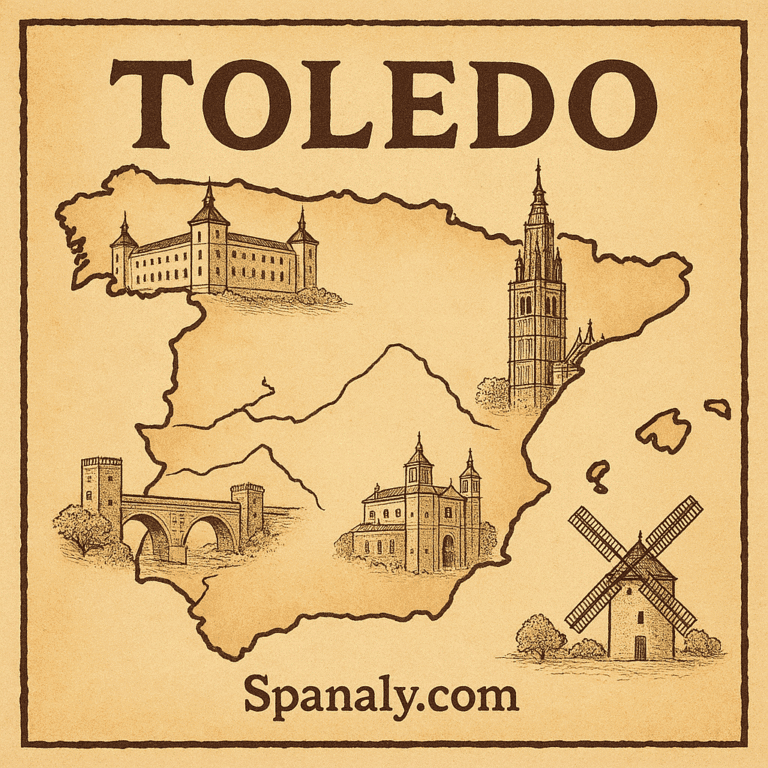 Spain Map Toledo day trip guide showing essential attractions and things to see in the City of Three Cultures
