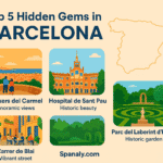 Collage of Barcelona’s hidden gems: panoramic view from Bunkers del Carmel, modernist Hospital de Sant Pau, lively tapas street Carrer de Blai, contemporary Poble Sec art galleries, and the serene Parc del Laberint d’Horta, with a small map of Spain highlighting Barcelona. Spanaly.com
