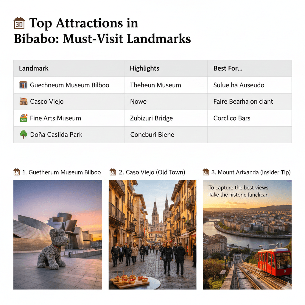 Bilbao Travel Guide Attractions featuring Guggenheim Museum, Casco Viejo Old Town streets, and Mount Artxanda Funicular panoramic view in Spain