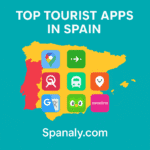 Map of Spain with icons representing travel apps for navigation, transport, and translation, showing essential tools for tourists exploring Spanish cities