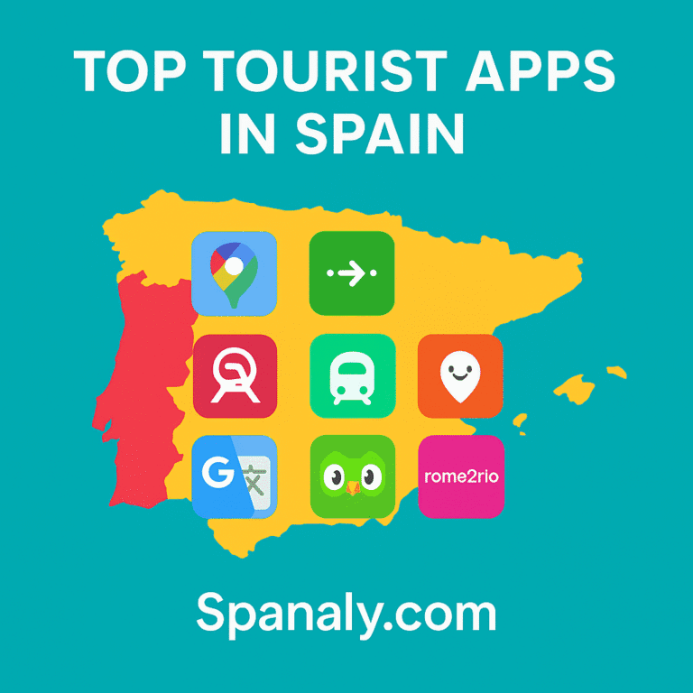 Map of Spain with icons representing travel apps for navigation, transport, and translation, showing essential tools for tourists exploring Spanish cities