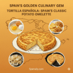 Promotional graphic for the "Tortilla Española: Spain’s Classic Potato Omelette" recipe guide by Spanaly.com. The design features an appetizing illustration of the Spanish omelette's cross-section, set over a clearly visible map of Spain in a warm, inviting color. Four real, circular inset photos highlight the key ingredients (potatoes, eggs, onions) and the perfectly cooked final dish.