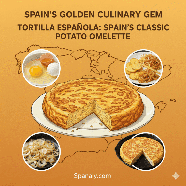 Promotional graphic for the "Tortilla Española: Spain’s Classic Potato Omelette" recipe guide by Spanaly.com. The design features an appetizing illustration of the Spanish omelette's cross-section, set over a clearly visible map of Spain in a warm, inviting color. Four real, circular inset photos highlight the key ingredients (potatoes, eggs, onions) and the perfectly cooked final dish.