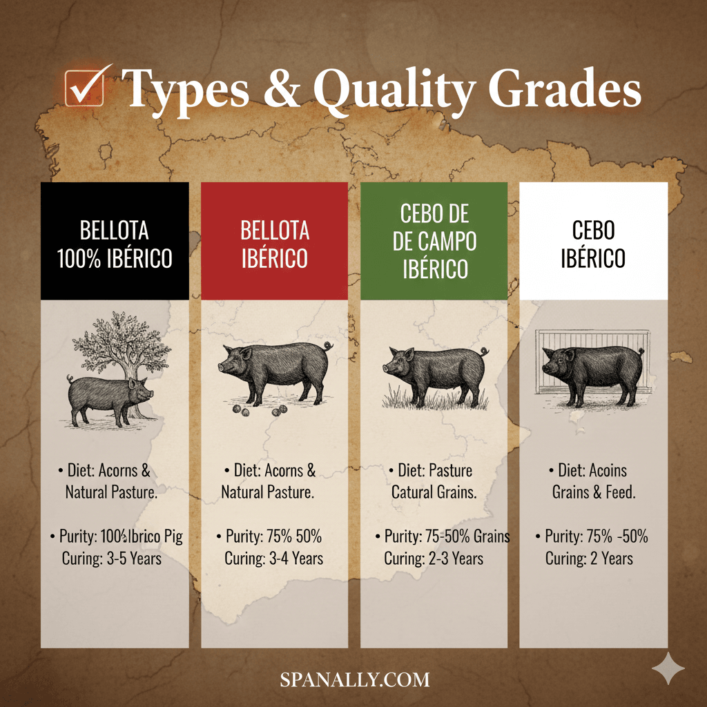 Infographic of Jamón Ibérico quality grades and label colors: Black Label (100% Bellota), Red Label, Green Label, and White Label classifications in Spanish Cuisine - Spanaly