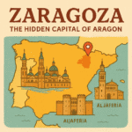 Illustrated map of Zaragoza, Spain showing its landmarks, architecture, and cultural highlights