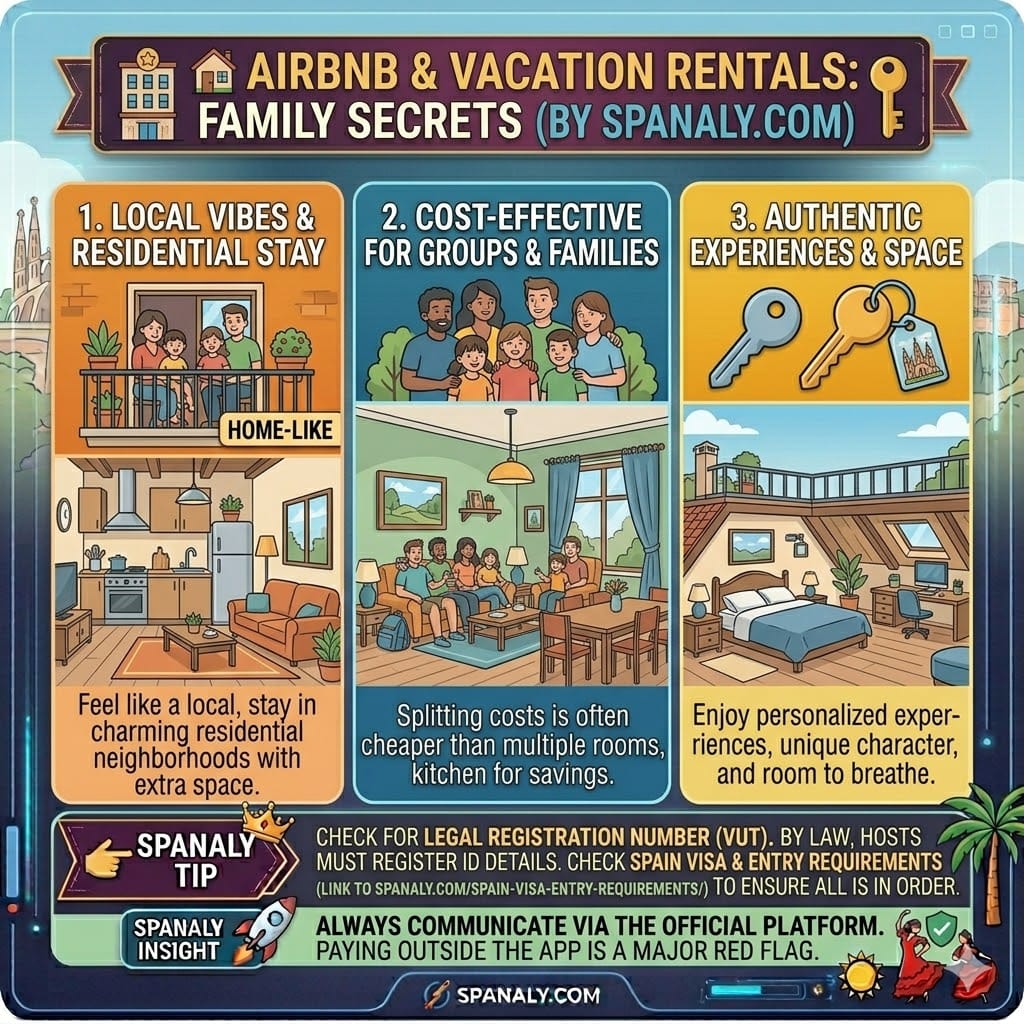 Infographic of Airbnb and vacation rentals in Spain featuring legal registration VUT tips, family group advantages, and ID registration requirements by Spanaly.com.