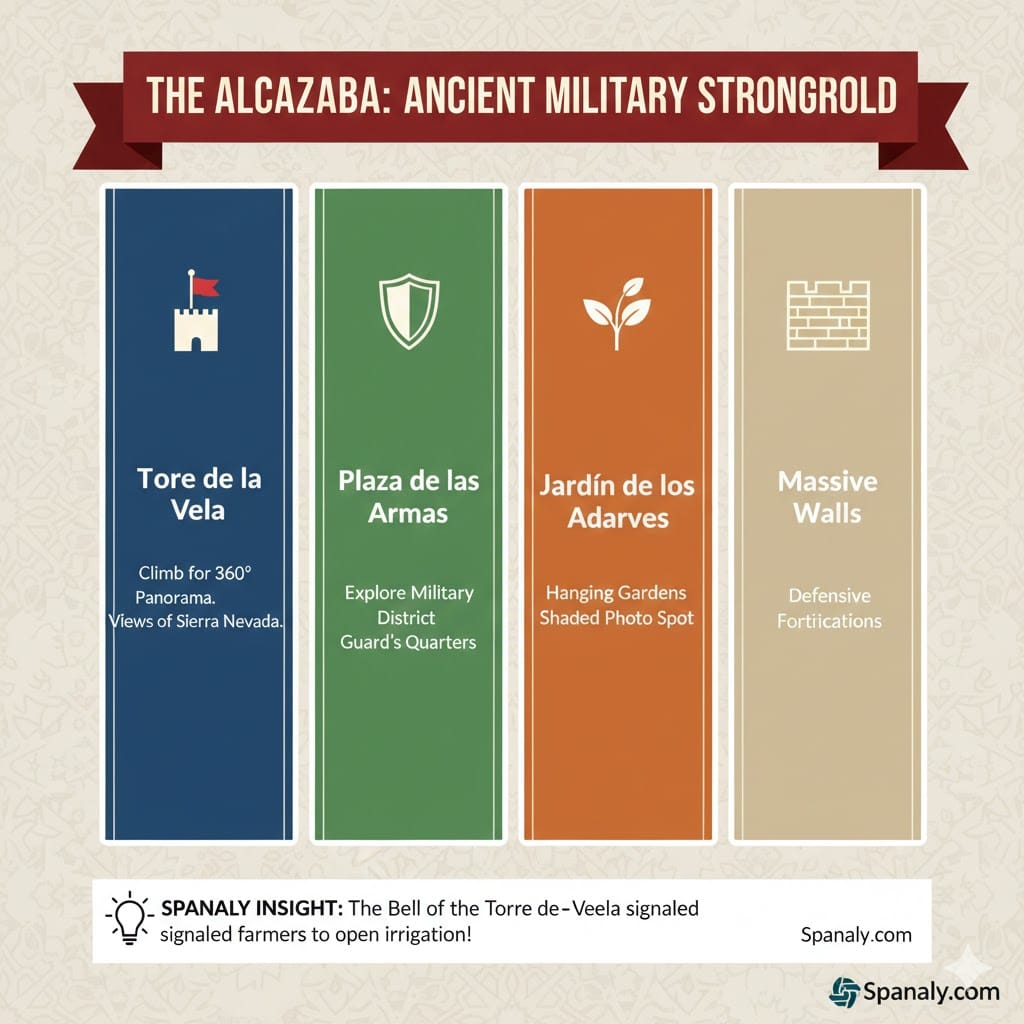 A colorful military-themed infographic of the Alcazaba in Alhambra Granada, highlighting the Torre de la Vela, Plaza de las Armas, Jardín de los Adarves, and the Massive Walls, featuring a Spanaly insight about the irrigation bell tradition.