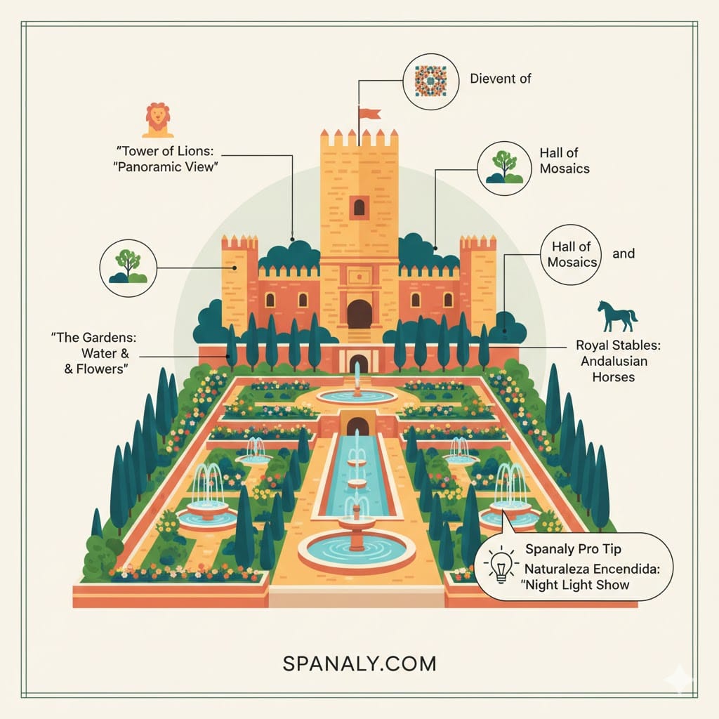 Vibrant infographic of the Alcázar de los Reyes Cristianos in Córdoba, featuring the gardens, Hall of Mosaics, and Tower of Lions.