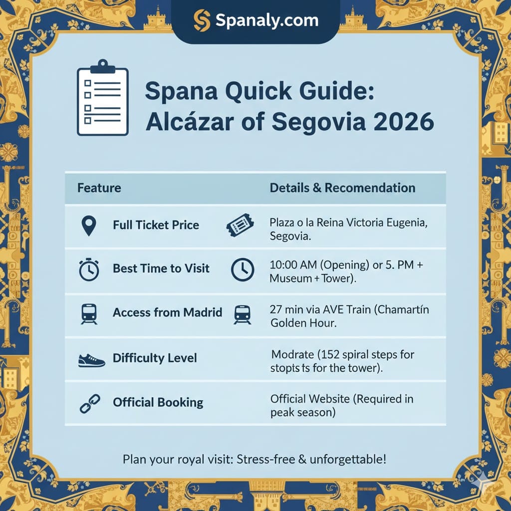 A summary information card by Spanaly for Alcázar of Segovia 2026, featuring location, ticket prices, travel time from Madrid, and booking tips.