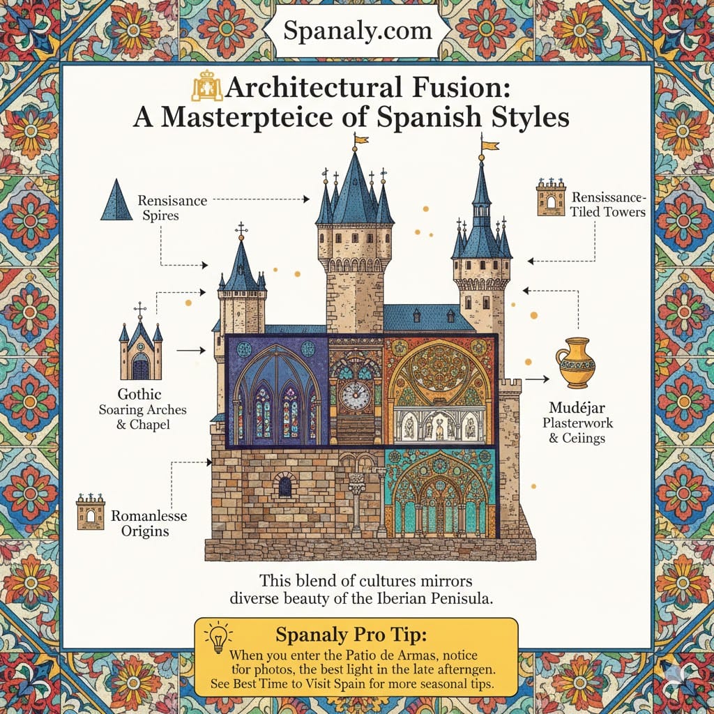 Educational infographic of Alcázar of Segovia architectural styles, featuring Romanesque, Gothic, Mudéjar, and Renaissance elements with Spanaly branding.