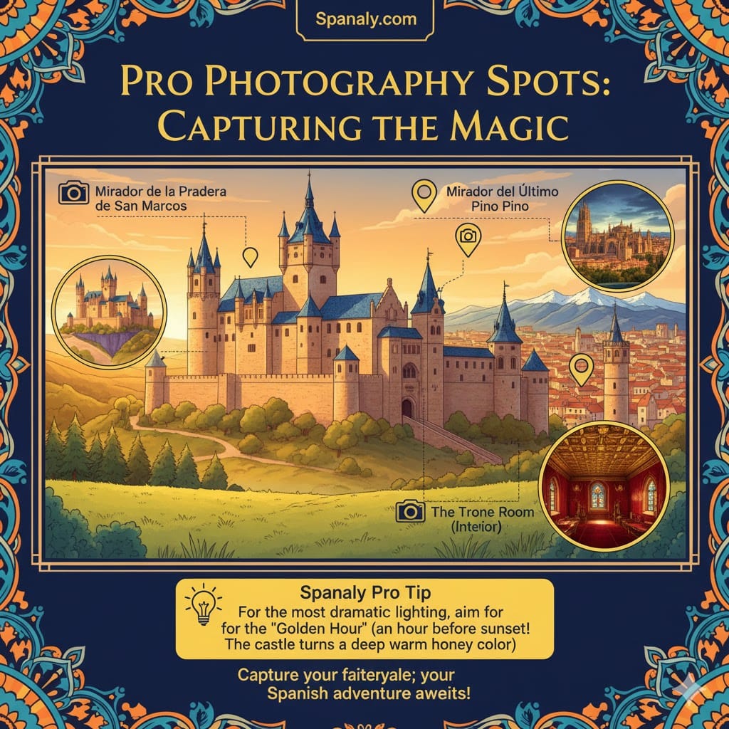 Infographic of the best photography spots at Alcázar of Segovia, featuring Mirador de la Pradera, the Throne Room, and the Tower of Juan II during golden hour.