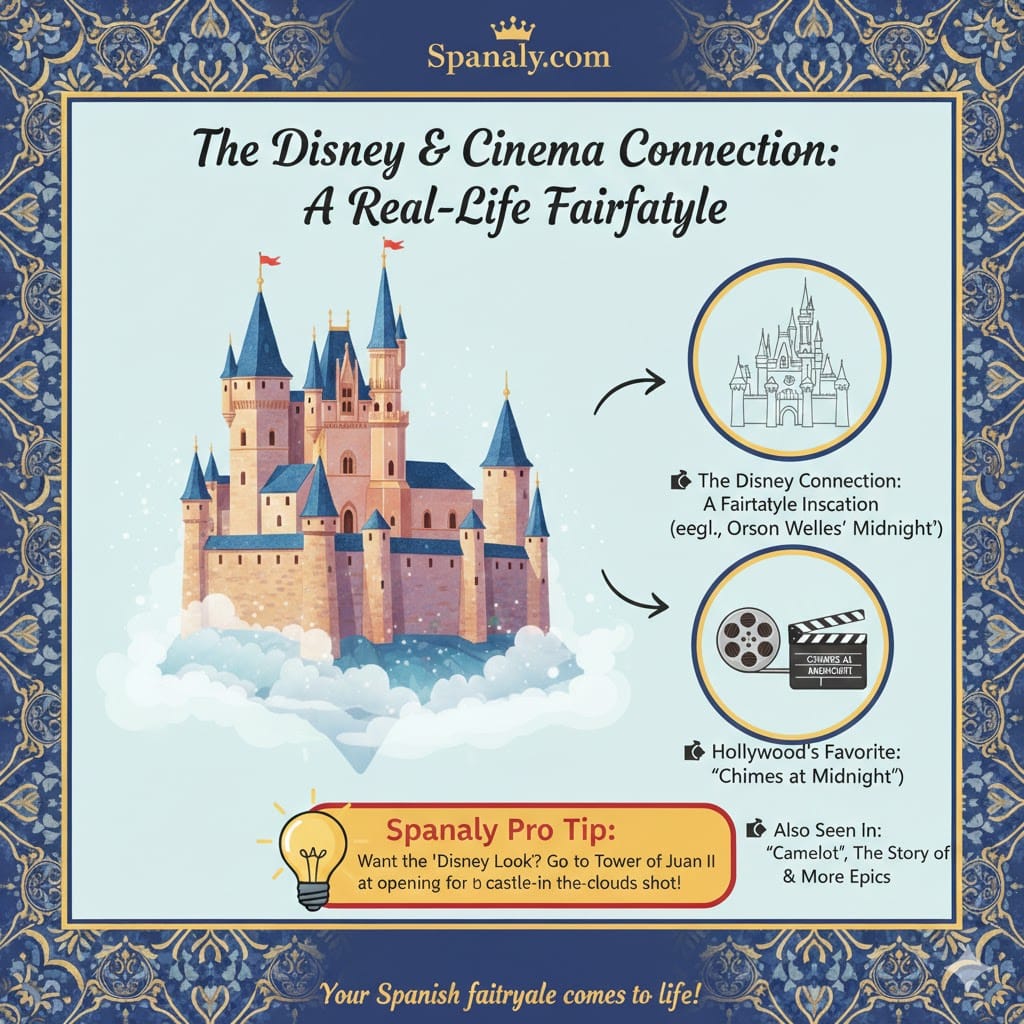 Infographic showing Alcázar of Segovia as the inspiration for Disney's Snow White and Cinderella castles, and a filming location for Orson Welles' Chimes at Midnight and the musical Camelot.