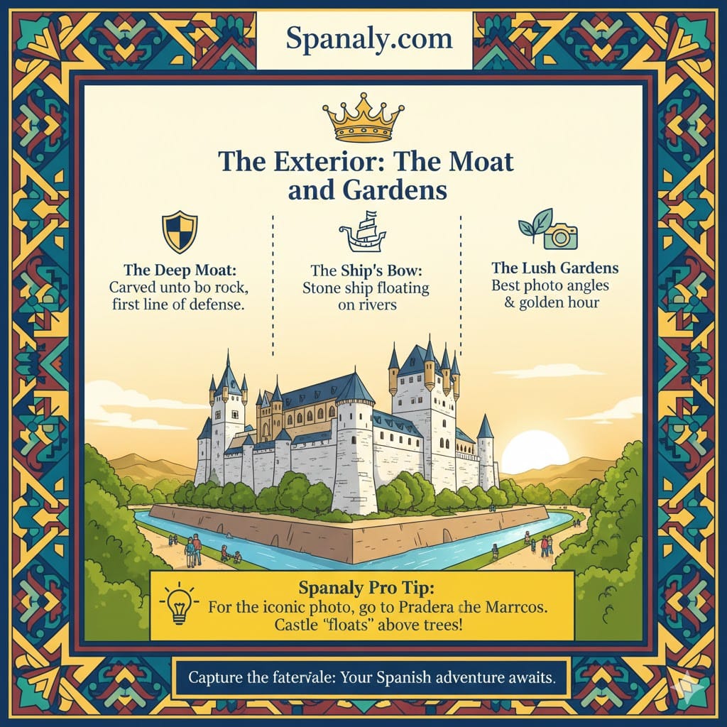 Scenic infographic of the Alcázar of Segovia exterior showing the deep moat, the stone ship bow, and lush gardens with Spanaly branding.