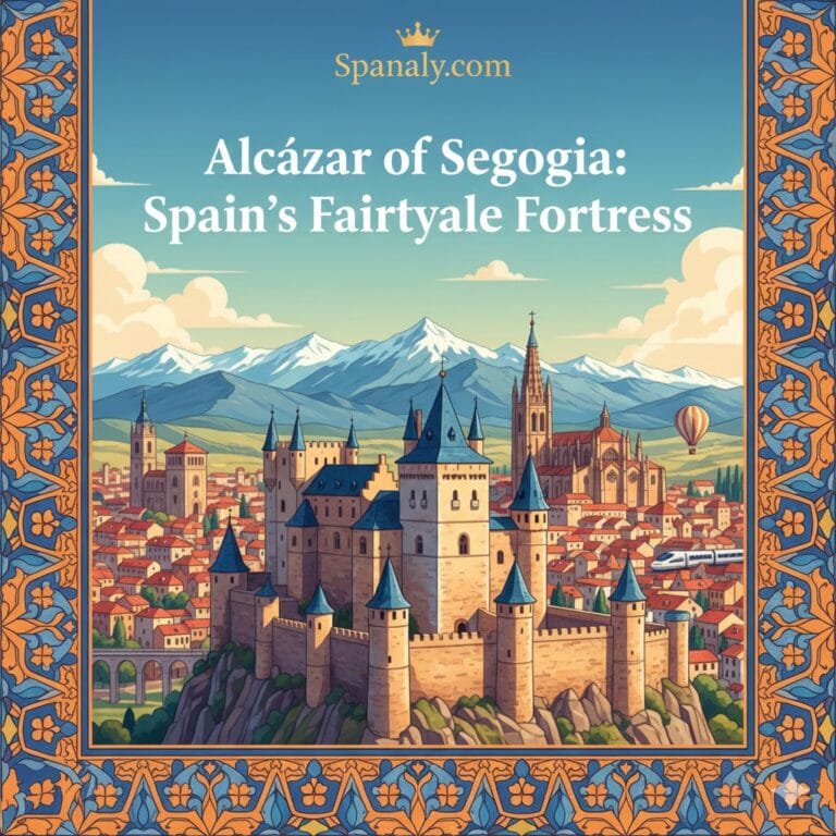 A vibrant, colorful artistic illustration of the Alcázar of Segovia with the snowy Sierra de Guadarrama mountains, the Segovia Cathedral, and the Roman Aqueduct in the background.