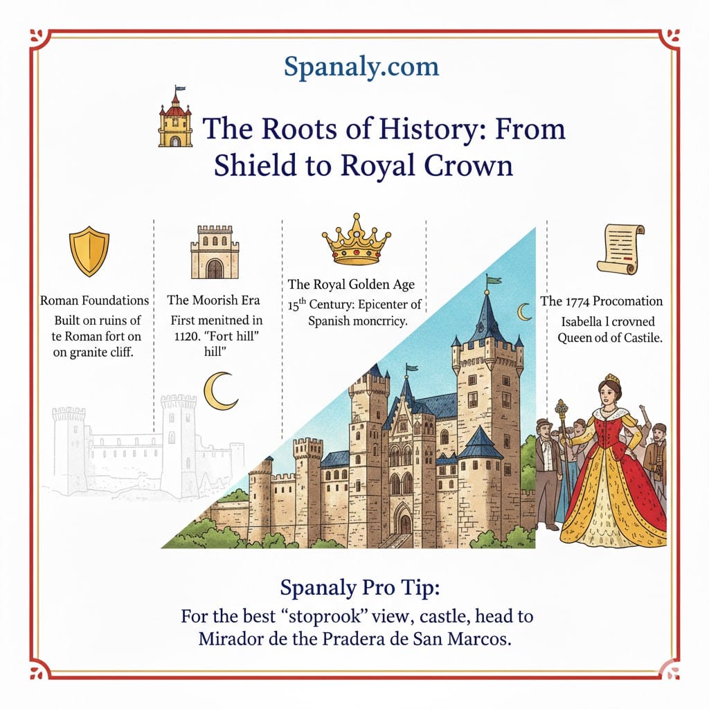 Infographic timeline of the Alcázar of Segovia history from Roman foundations to the coronation of Queen Isabella I, with Spanaly branding.