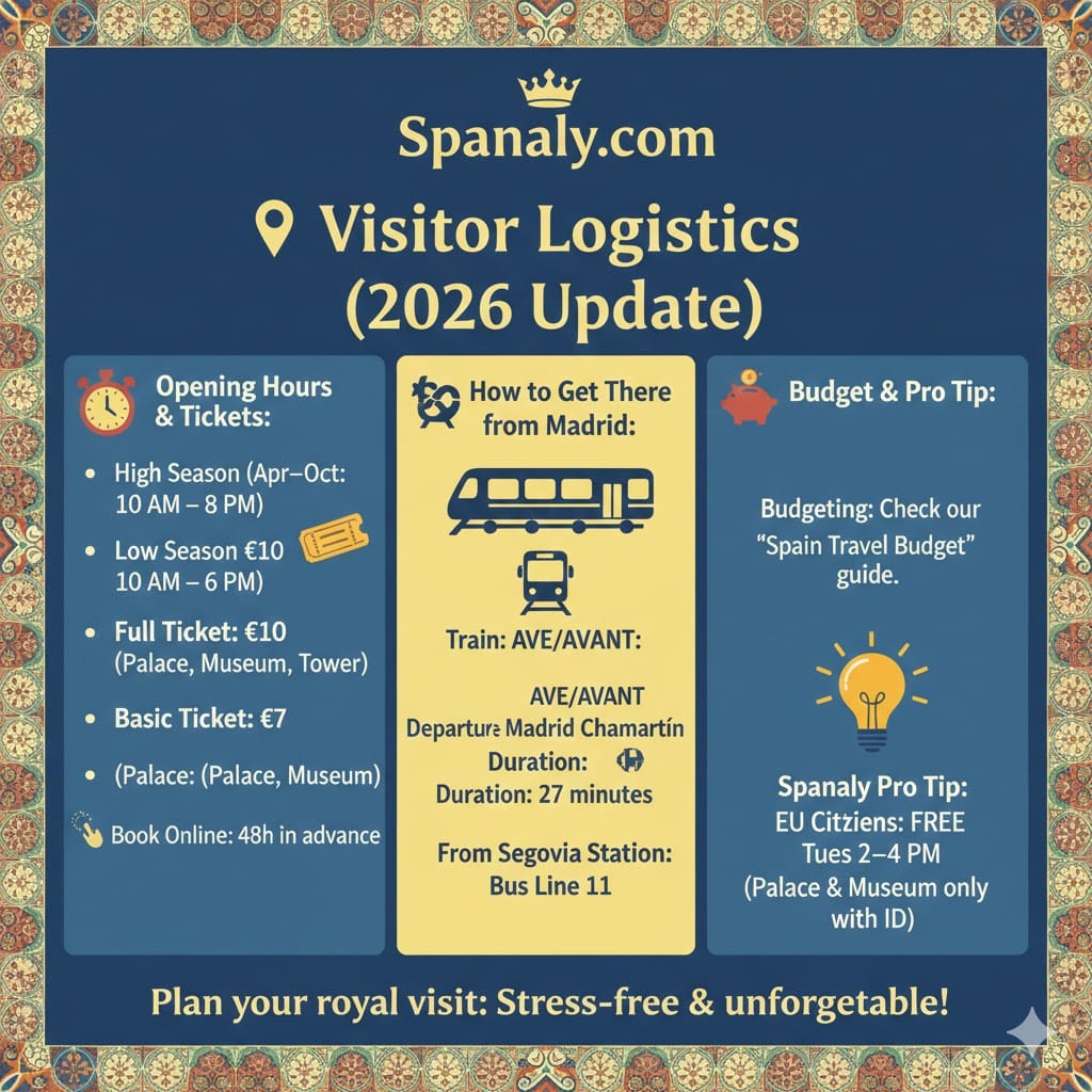 Comprehensive infographic for visiting the Alcázar of Segovia in 2026, including ticket prices, opening hours, high-speed train info, and free entry tips for EU citizens.