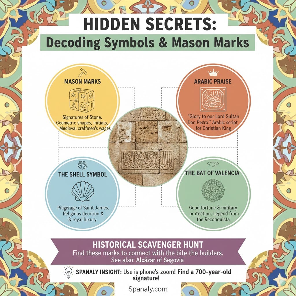 A colorful infographic about the hidden secrets of the Alcázar of Seville, detailing Mason Marks, Arabic inscriptions for King Pedro, the Shell symbol, and the Bat of Valencia with Spanaly.com branding.