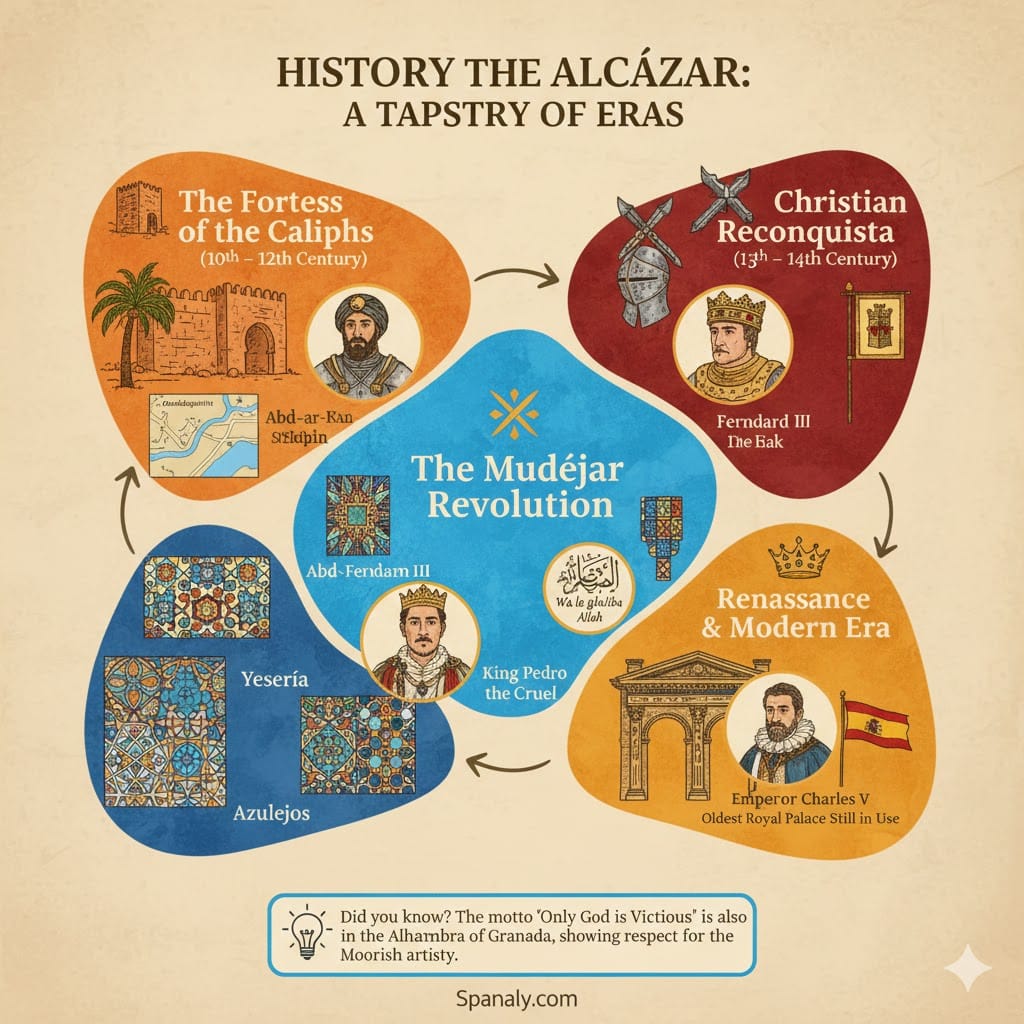 A colorful timeline infographic of the Alcázar of Seville history, showing the Fortress of the Caliphs, the Christian Reconquista, the Mudéjar Revolution with King Pedro, and the Renaissance era with Emperor Charles V.
