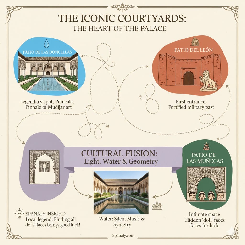 A high-contrast infographic of the Alcázar of Seville courtyards, featuring Patio de las Doncellas, Patio del León, and Patio de las Muñecas with clear text descriptions and Spanaly.com branding.