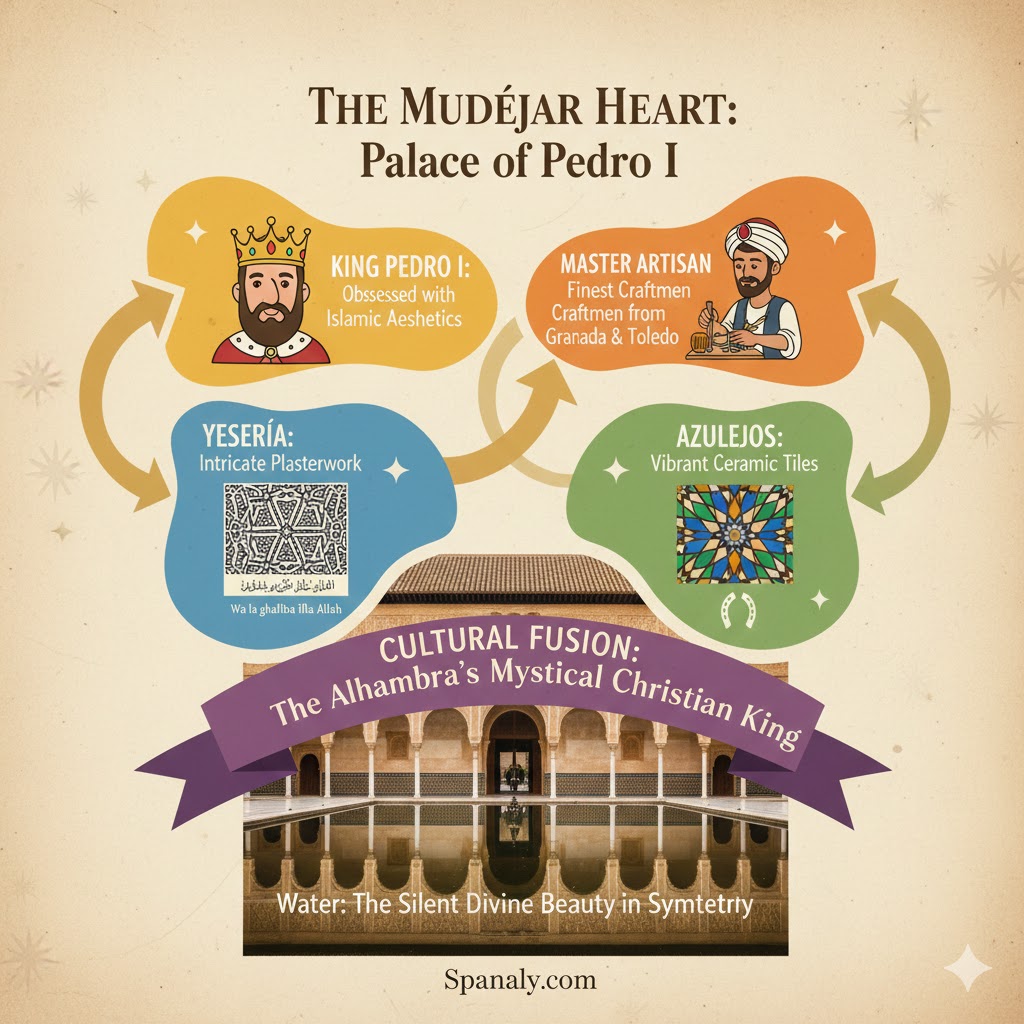 A colorful infographic of the Mudéjar Heart at the Alcázar of Seville, detailing Yesería plasterwork, Azulejos tiles, and the cultural fusion between King Pedro I and Islamic artisans.