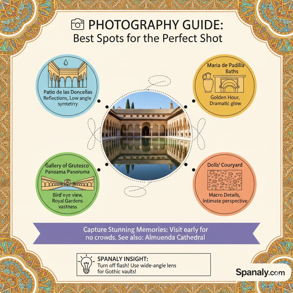 A vibrant infographic guide for the best photography spots at the Alcázar of Seville, featuring Patio de las Doncellas reflections, Maria de Padilla baths, and the Gallery of Grutesco with Spanaly.com branding.