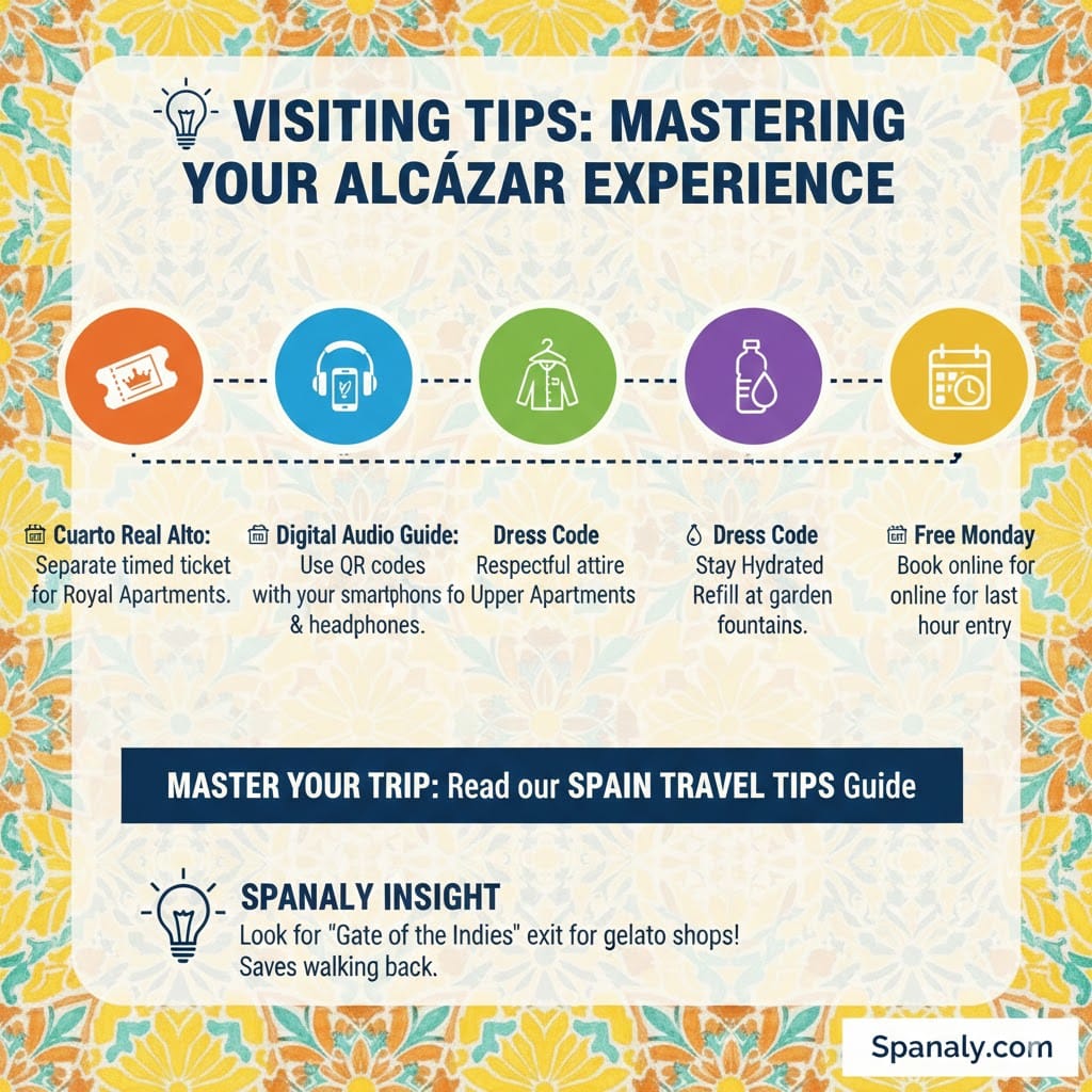 An expert travel tips infographic for the Royal Alcázar of Seville, including info on the Cuarto Real Alto, digital audio guides, dress code, hydration, and free Monday entry with Spanaly.com branding.